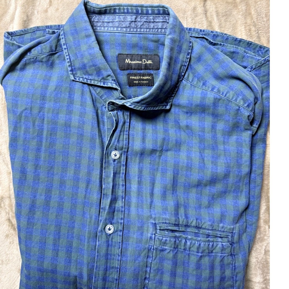 Massimo Dutti Mens Blue Green Gingham Check Button Down Shirt Size L Classic